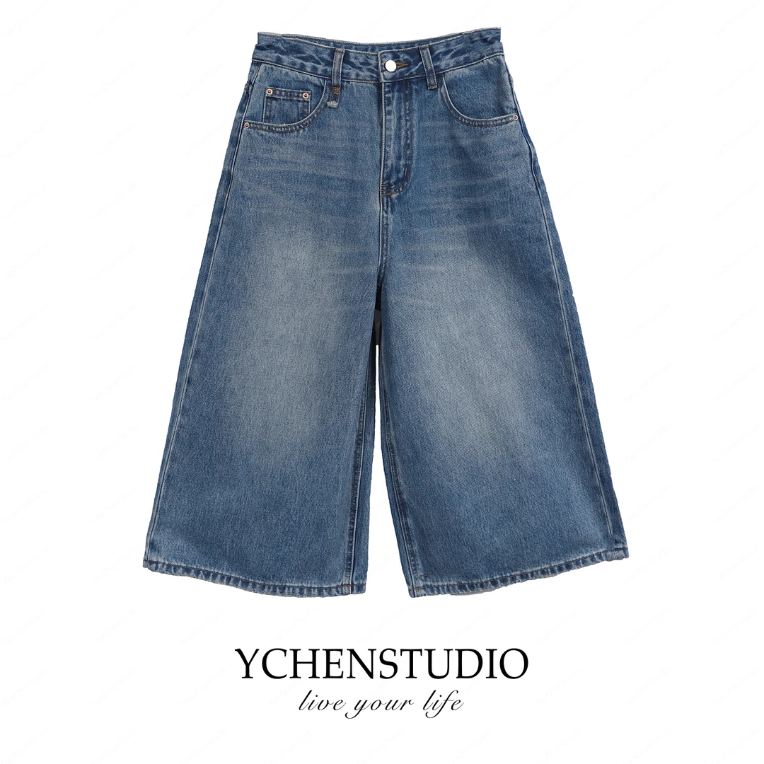 YC2【碎星】早春复古水牛仔七分裤韩版慵懒风高腰阔腿裤K1821