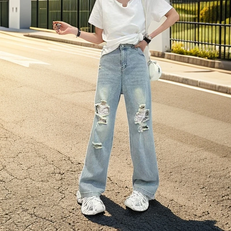 韩版破洞高街牛仔裤直筒裤铅笔裤大码裤子高腰显瘦百搭#99981