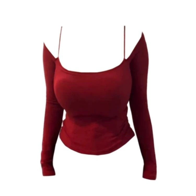 微胖mm性感带胸垫长袖T恤女红色修身显瘦一字肩纯欲风上衣-1013