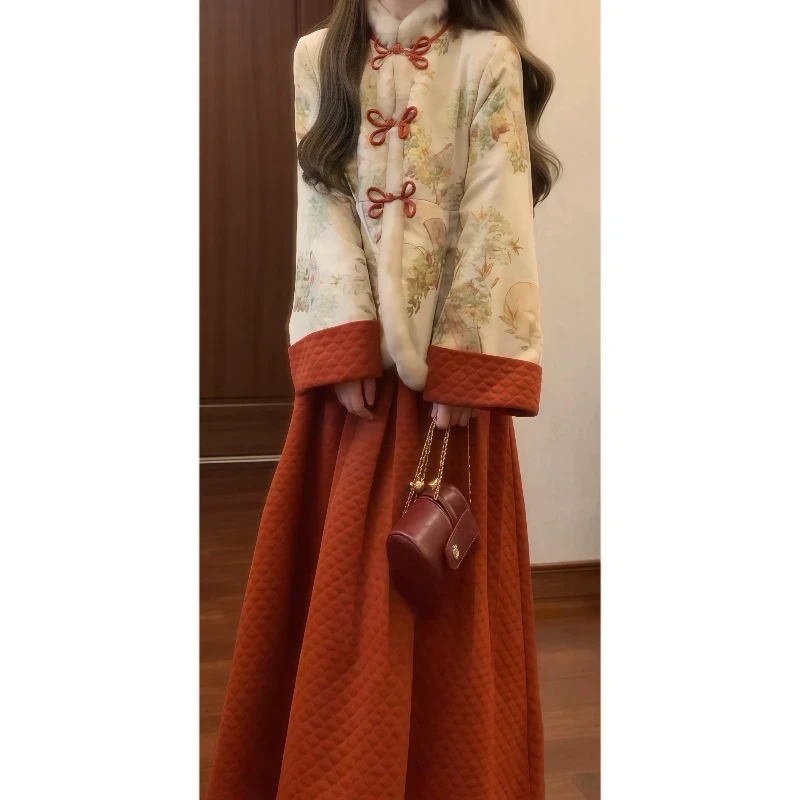 【万福贺岁款】秋冬复古加绒日常可穿旗袍加厚外套半身裙套装