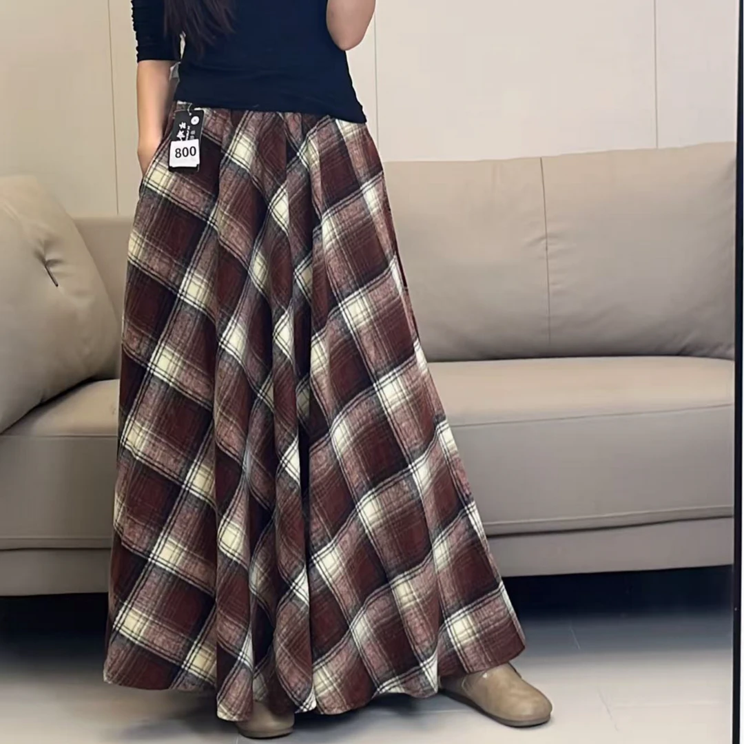 【慧】大摆毛呢高腰格子复古百搭中长裙半身裙女2025秋冬新款008