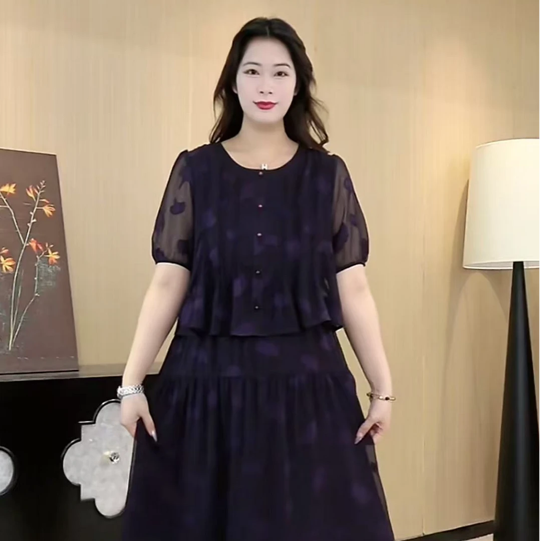 薇姐大码女款女装夏季胖MM宽松假两件遮肉显瘦复古连衣裙240955