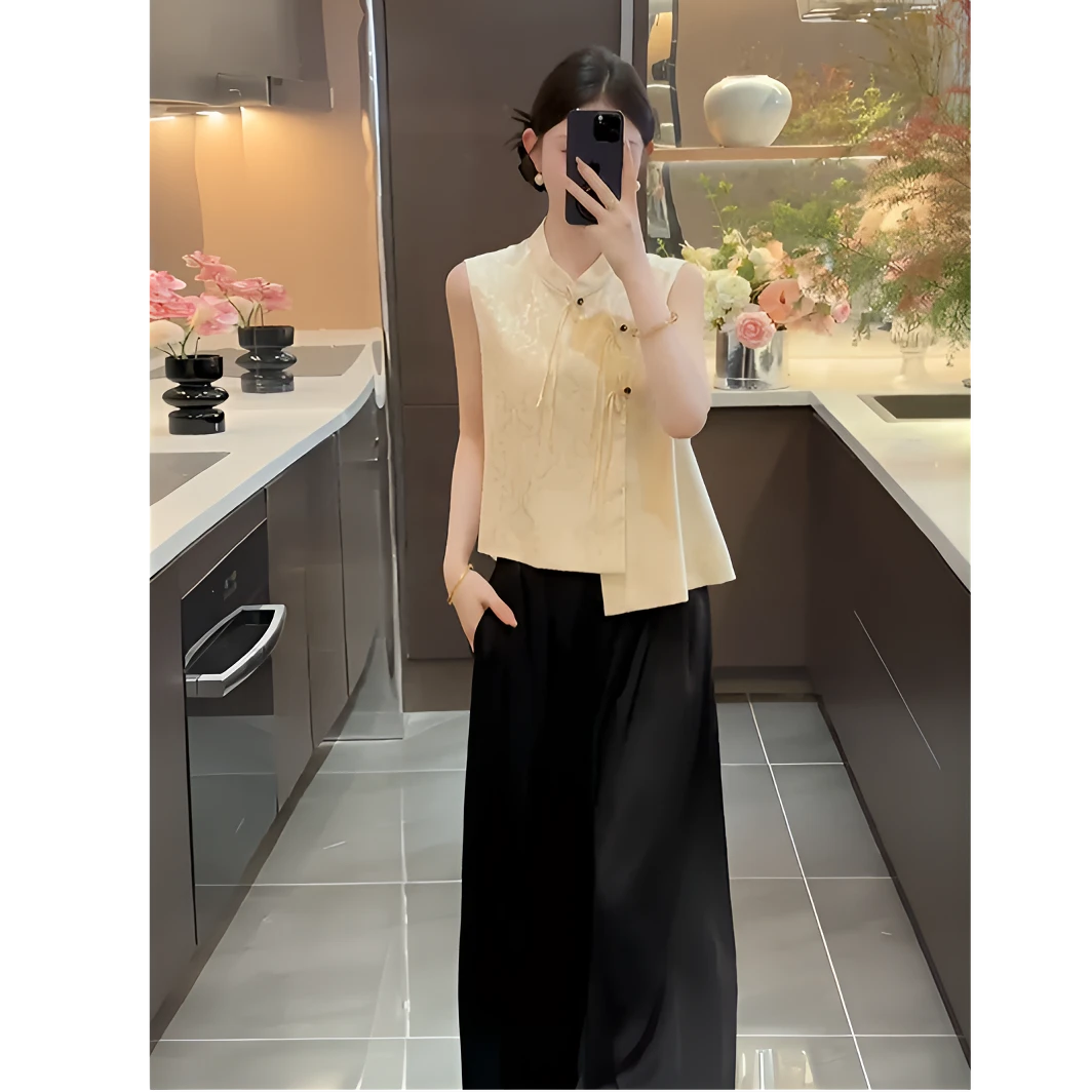 2025夏季新款新中式国风马甲高级感无袖盘扣上衣阔腿裤两件套装女