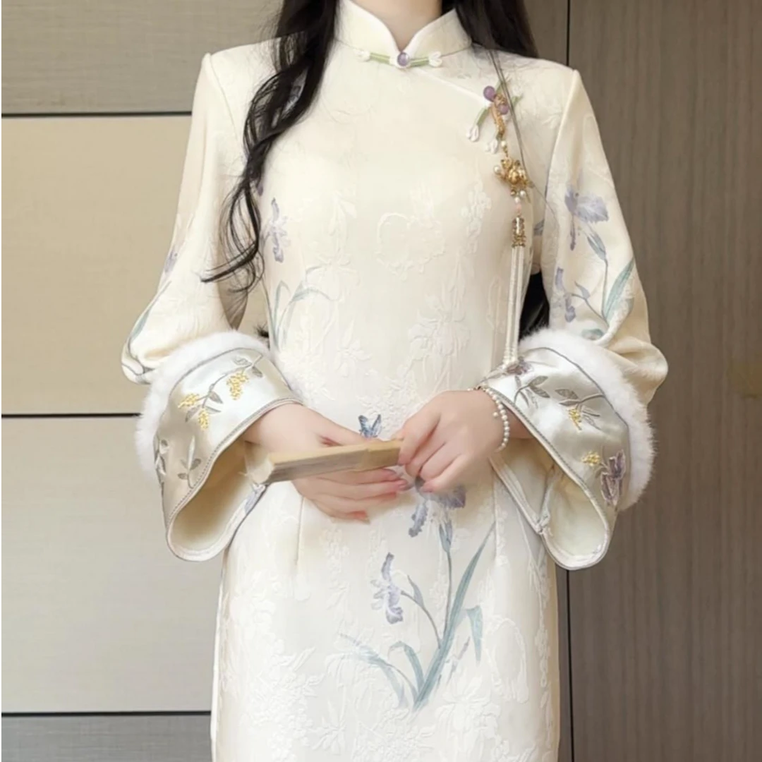 公主家1415刺绣倒大袖精致优雅绣花修身旗袍复古显瘦加绒连衣裙