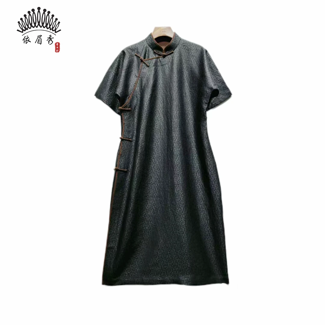 YIMEIXIU/依眉秀香云纱莨纱立领中式连衣裙63312