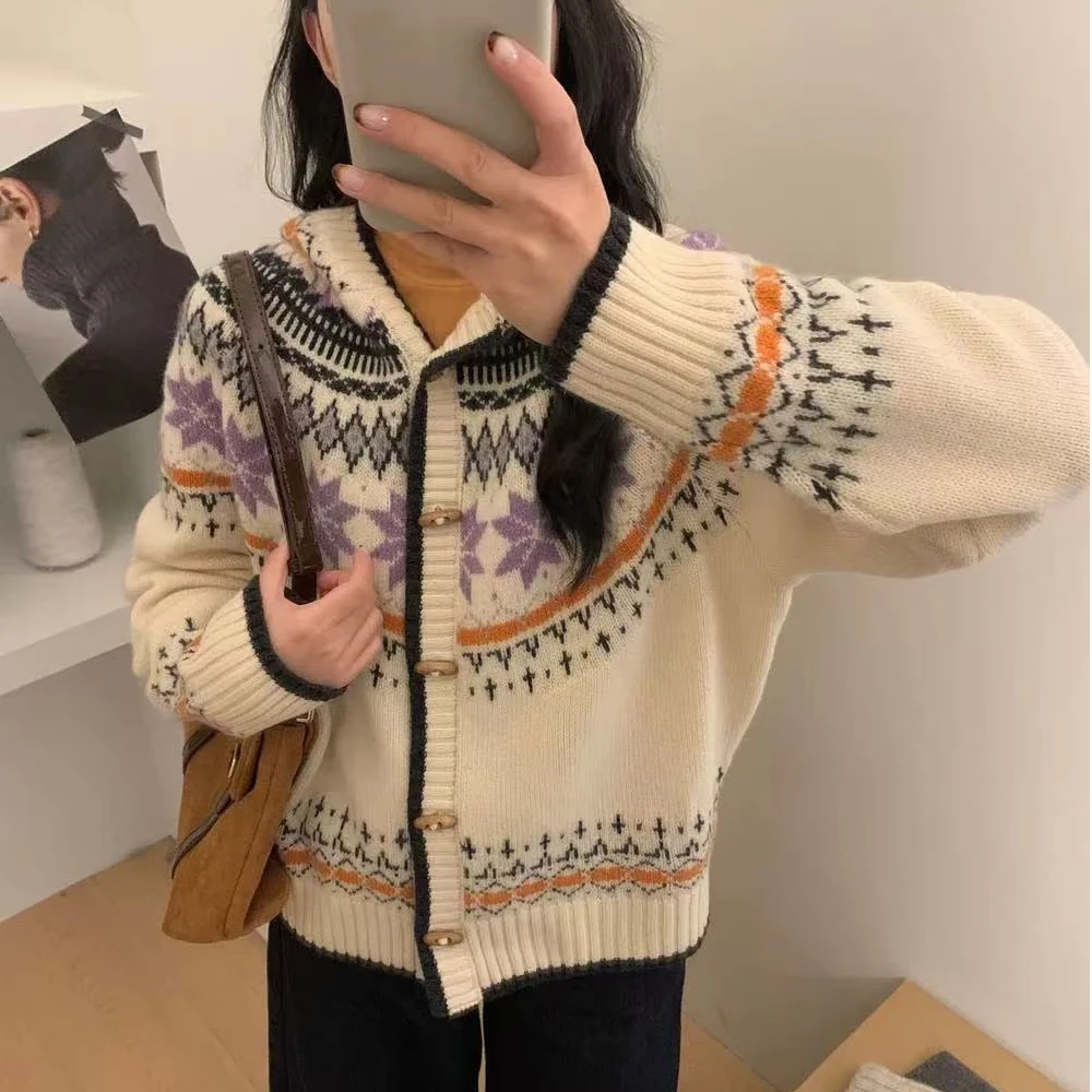 费尔岛提花连帽毛衣外套女秋冬季韩系慵懒风宽松100%羊毛针织开衫