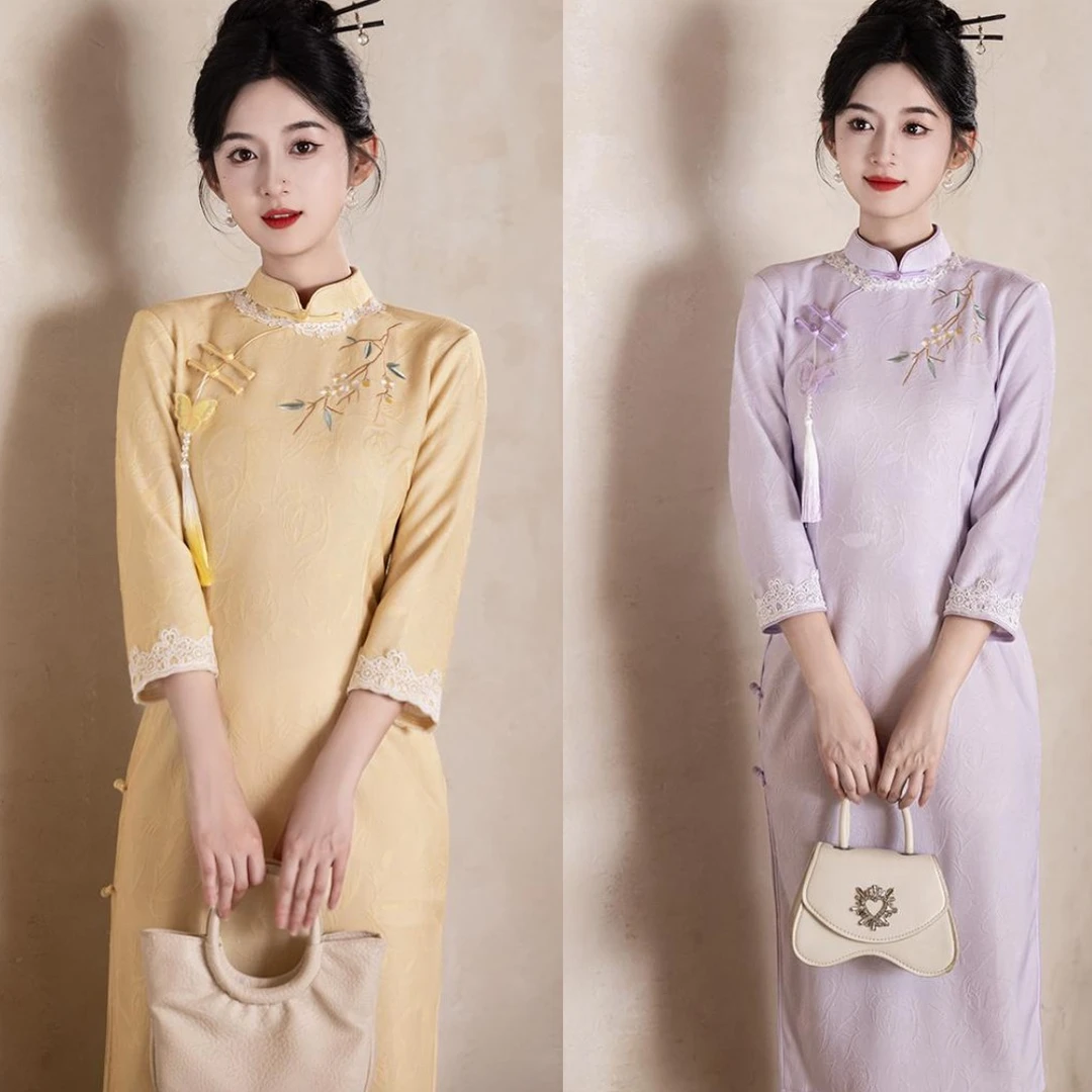 【彩蝶】2025秋季新款中国风提花布长款复古旗袍女装改良修身连衣裙