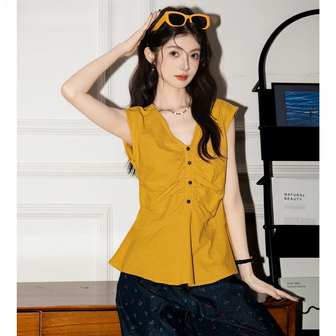 帛卡琪法式复古荷叶边休闲短袖衬衫女夏季设计感多胺巴黄色T恤