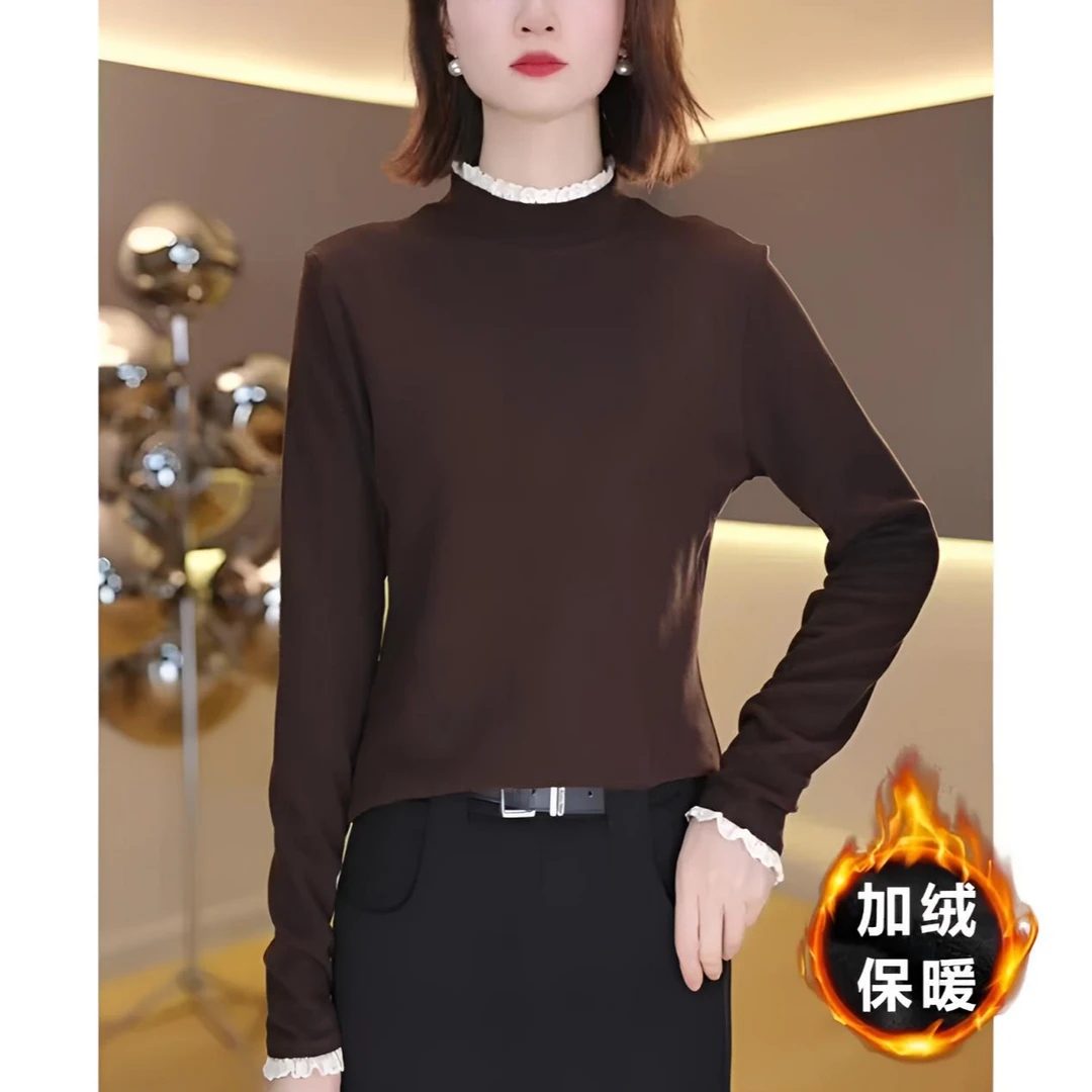 冬季新款加绒保暖百搭打底衫女气质设计感长袖上衣时尚秋冬T恤