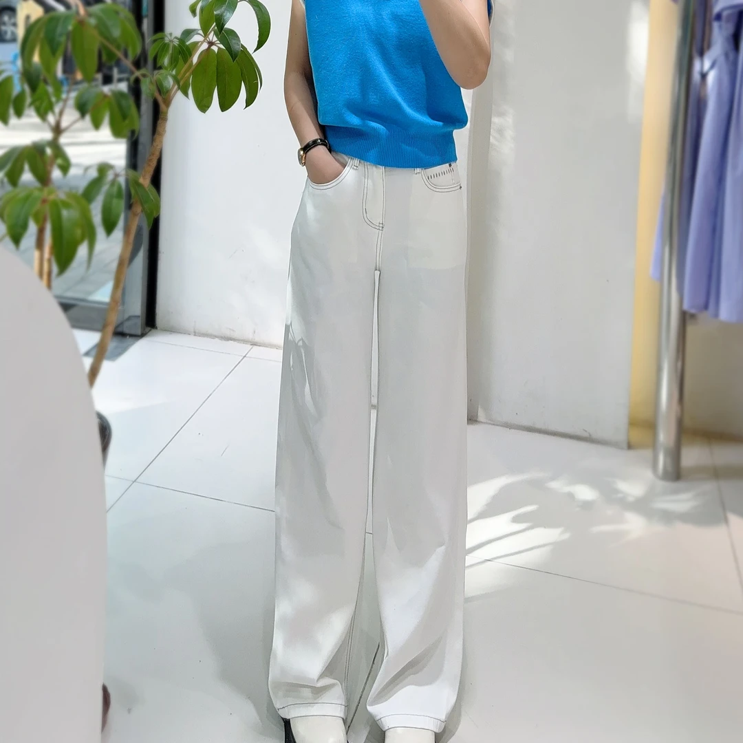 白色阔腿牛仔裤女2025新款夏季高腰窄版宽松垂感直筒拖地裤薄