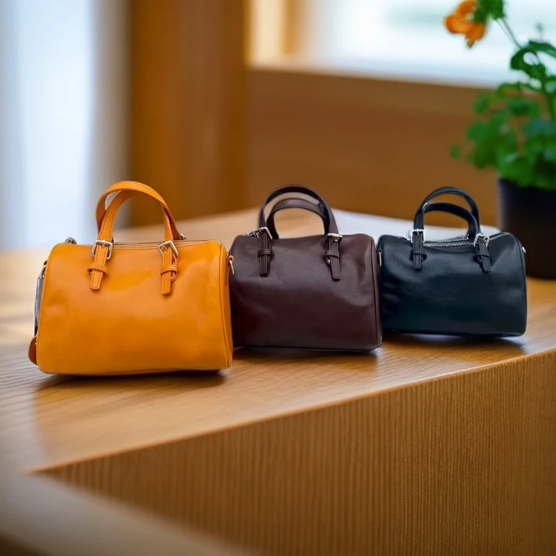 头层植鞣牛皮中号波士顿枕头包黑色经典百搭手提单肩斜挎包61715