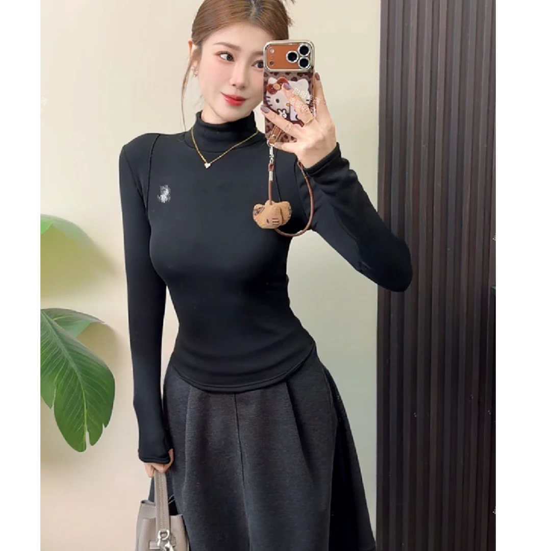高领加绒加厚一体绒2025新款打底衫女冬修身小马刺绣保暖长袖上衣