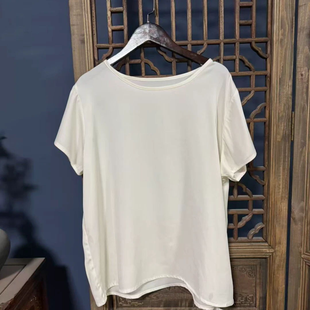 秋季新款休闲时尚圆领桑蚕丝短袖上衣女Z357