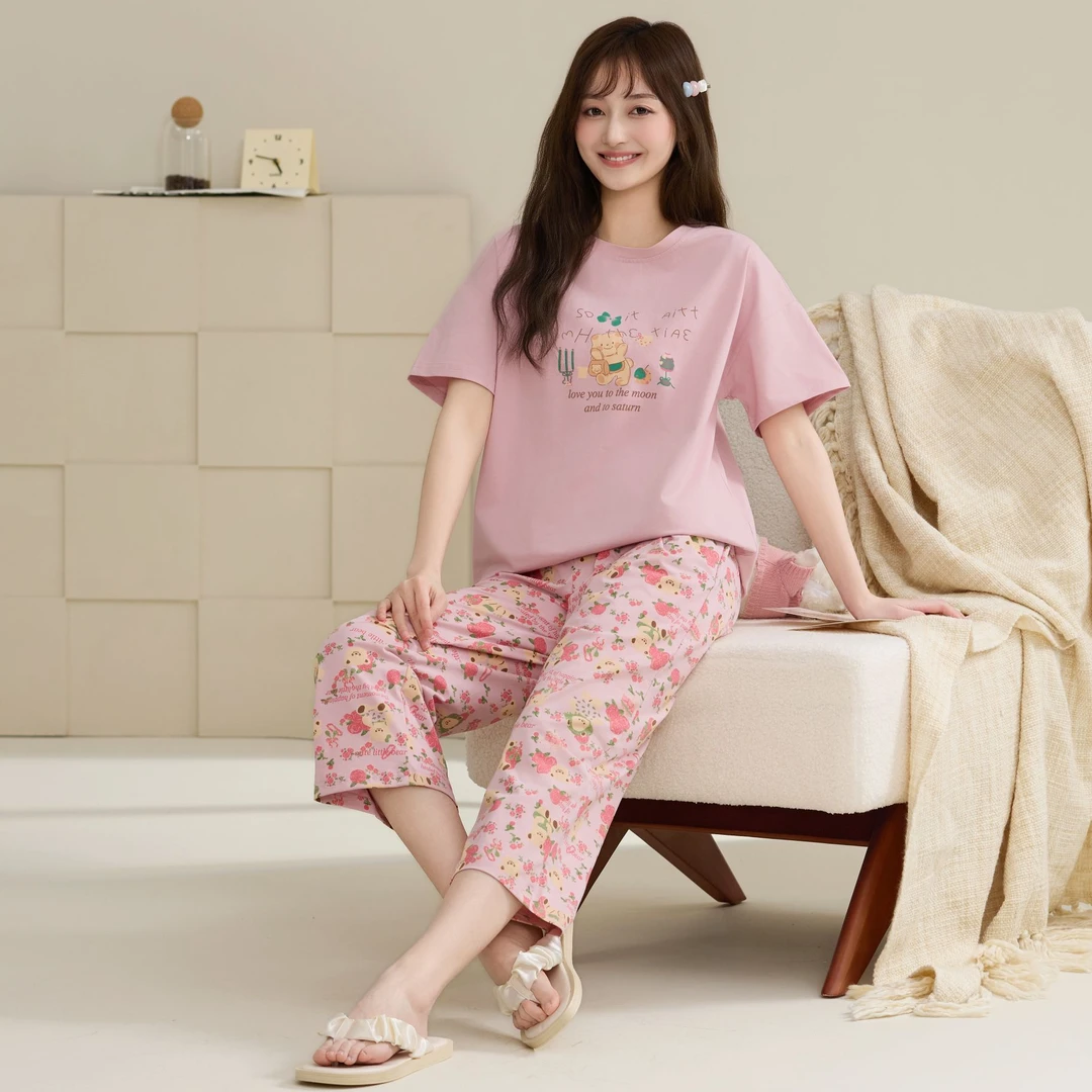 95爽棉睡衣玫瑰小熊短袖短裤八分裤外穿休闲宽松舒适家居服333410