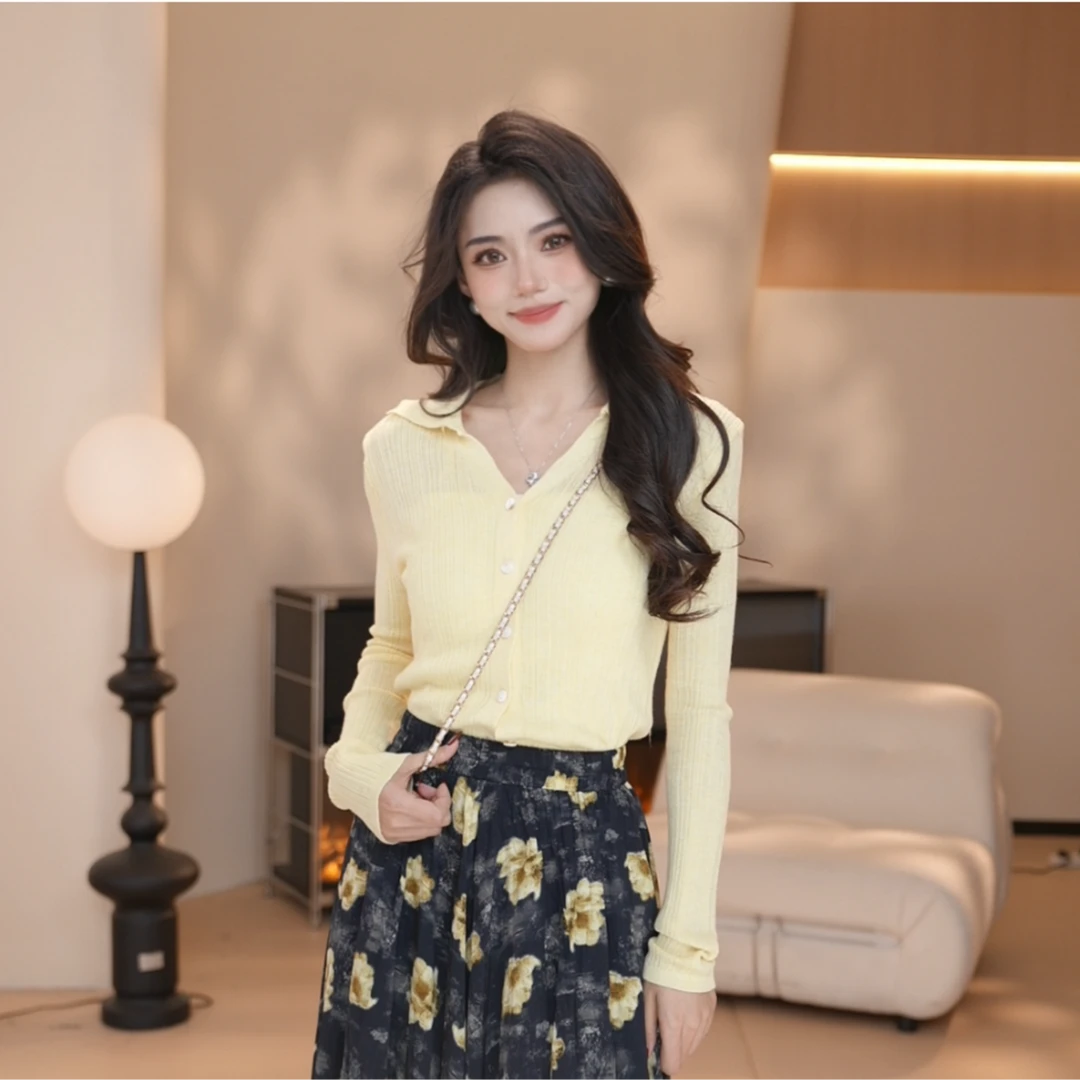 Basic House/百家好JH25年碎花显瘦气质长袖针织复古法式