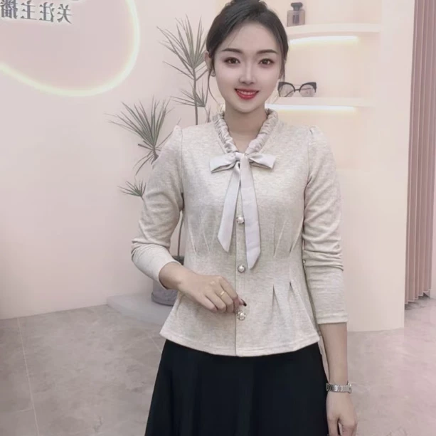 2025秋季法式长袖衬衫蝴蝶结上衣女士洋气秋款显瘦遮肚子百搭小衫