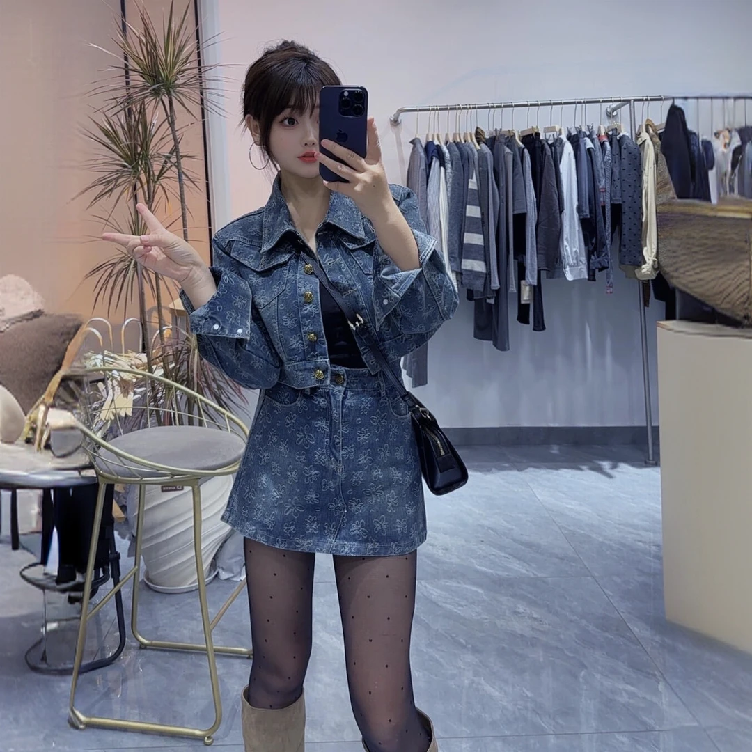 牛仔套装炸街外套裤裙两件套显高显瘦小个子短款欧若风气质款新款