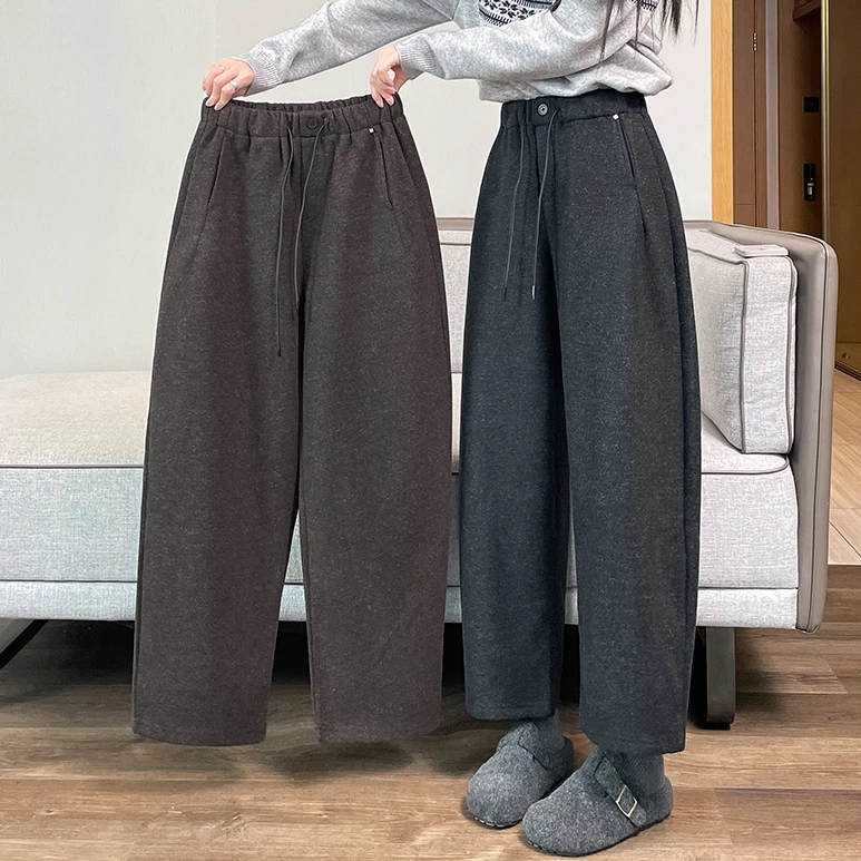 加绒加厚窄版阔腿裤女秋冬季毛呢八分垂感九分直筒休闲弯刀奶奶裤