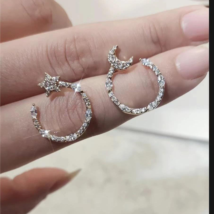 合金锆石耳饰 个性镶钻AB星月耳饰轻奢高级小众时尚百搭