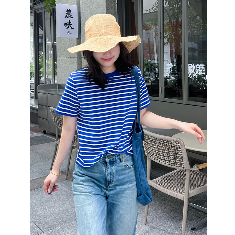 正品短袖女t恤标准版型圆领短袖蓝色条纹夏季新品女休闲宽松上衣