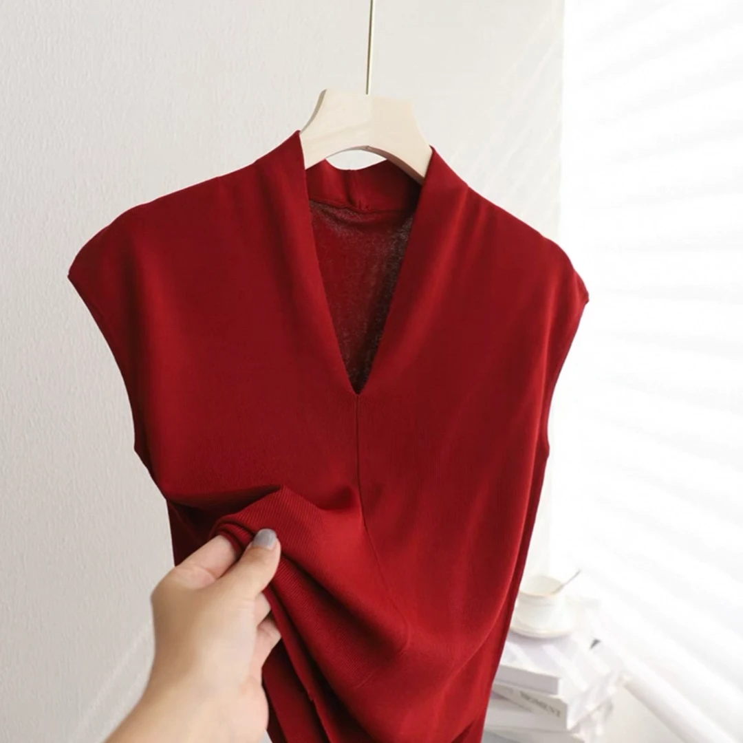夏款欧货通勤百搭冰丝包袖无袖T恤上衣气质V领修身显瘦背心