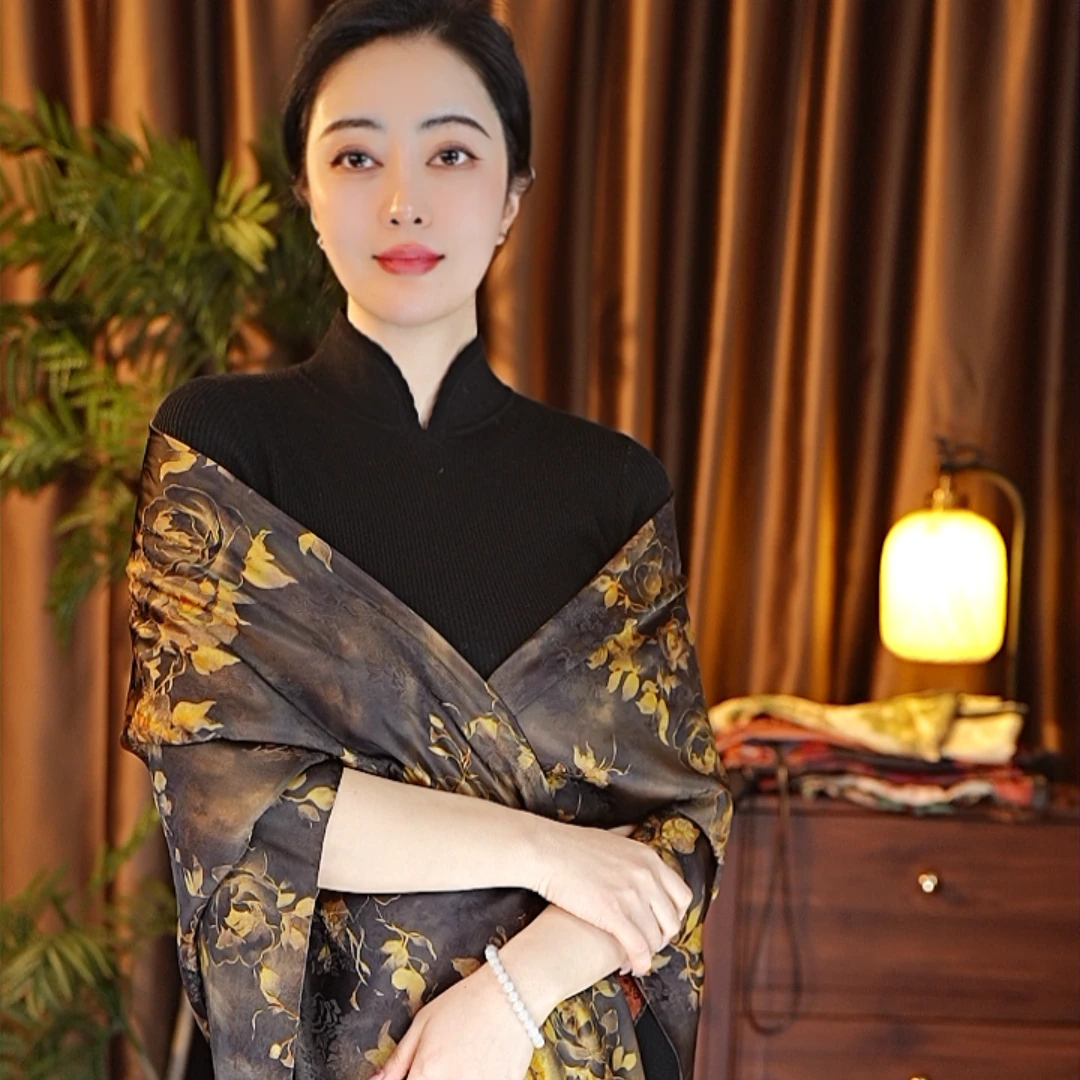 【黑金牡丹】135*135老料湖丝大方巾女士围巾四季款百搭中国风