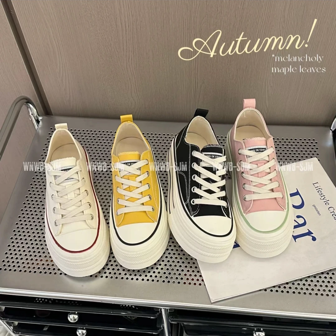 粉色厚底帆布鞋女2025春夏新款增高软底低帮板鞋黑色百搭学生布鞋