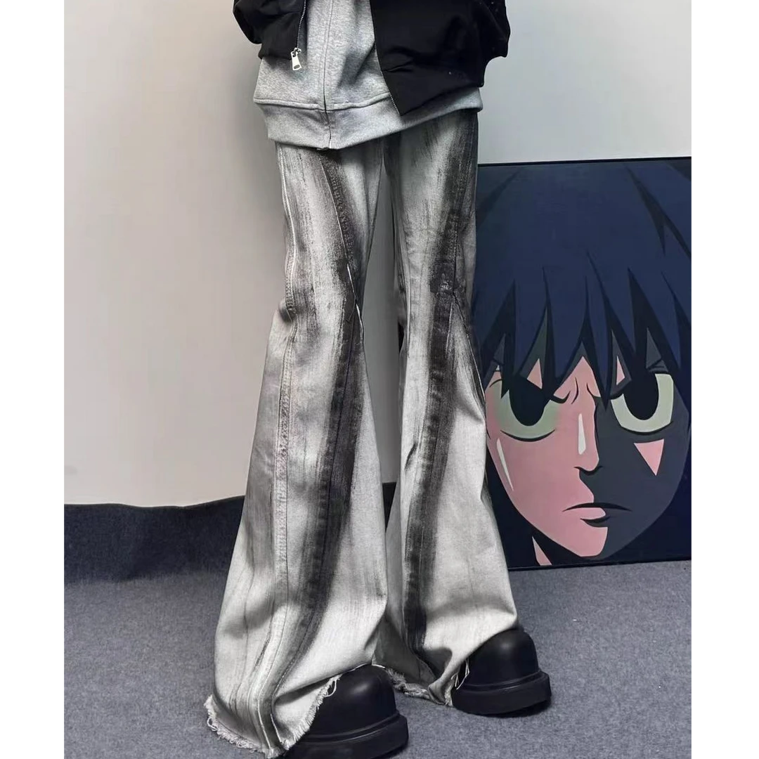 2025美式高街ro风格脏污撞色渐变微喇叭牛仔裤男潮牌复古拖地裤子