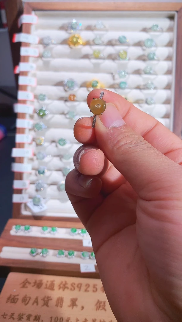 银S925镶嵌戒指翡翠S925银镶翡翠平安扣女饰品