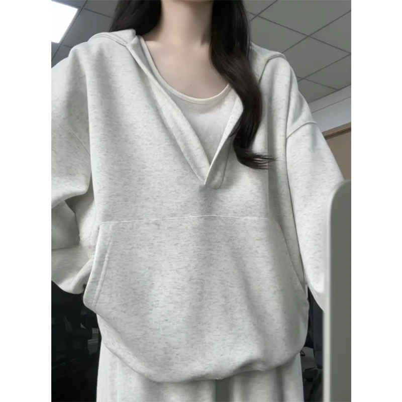 美式复古大V领连帽卫衣女秋冬2025新款松弛感慵懒风oversize外套