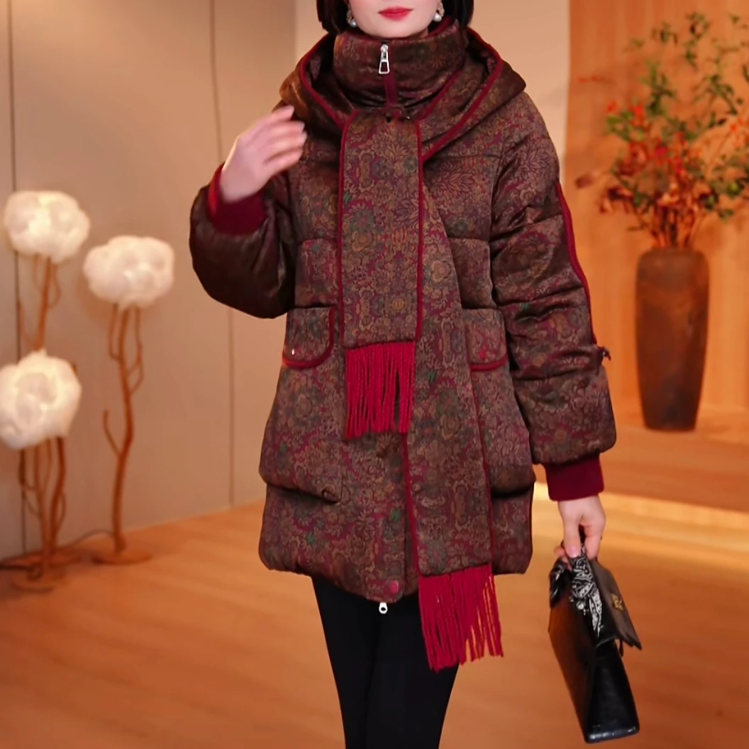 云竹25年长款冬季女装棉服拼接连帽时尚洋气宽松保暖 FY-1611