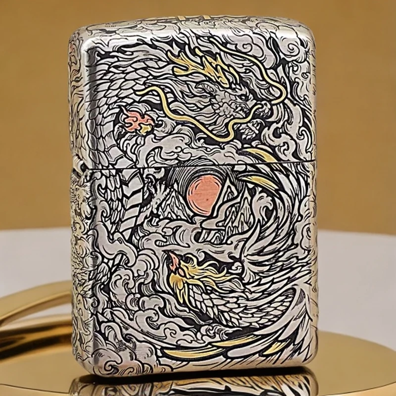 zippo打火机龙凤呈祥钢机套壳双色DYJ1