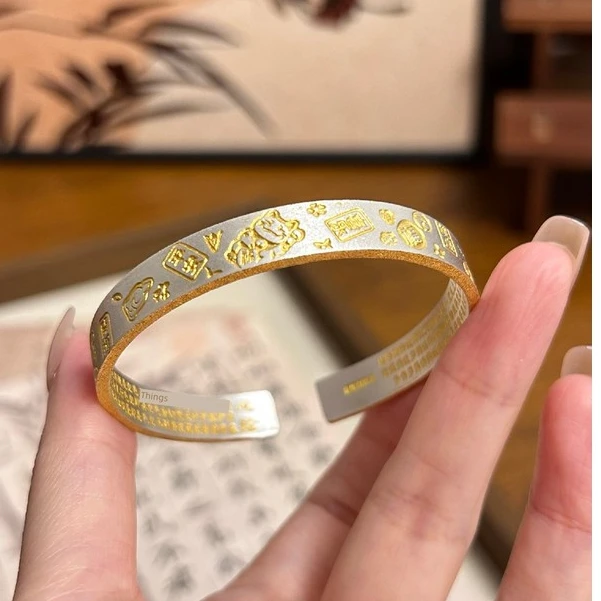 足银手镯 A77银9999招财猫吉言描金手镯新中式实心银镯子国潮复古