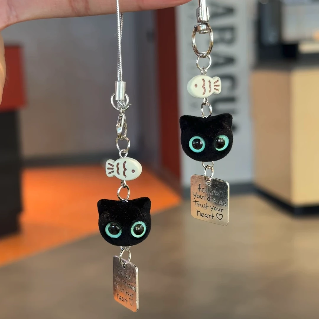 可爱大眼黑猫卡通手机链超萌甜美少女包包配饰挂件闺蜜挂饰礼物