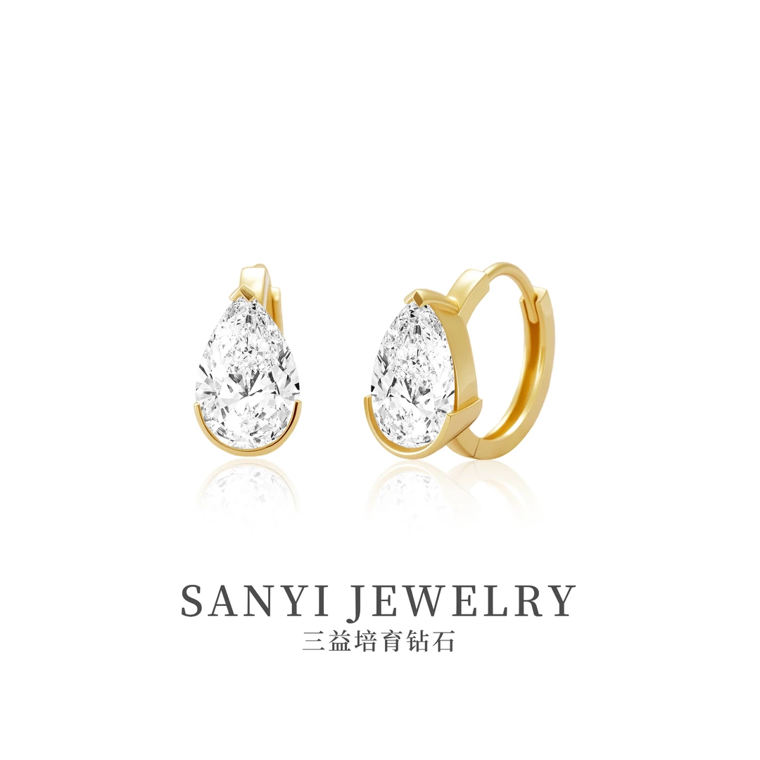 三益珠宝18K金【顶参钻水滴包镶耳圈-9】耳扣气质轻奢精致耳饰B