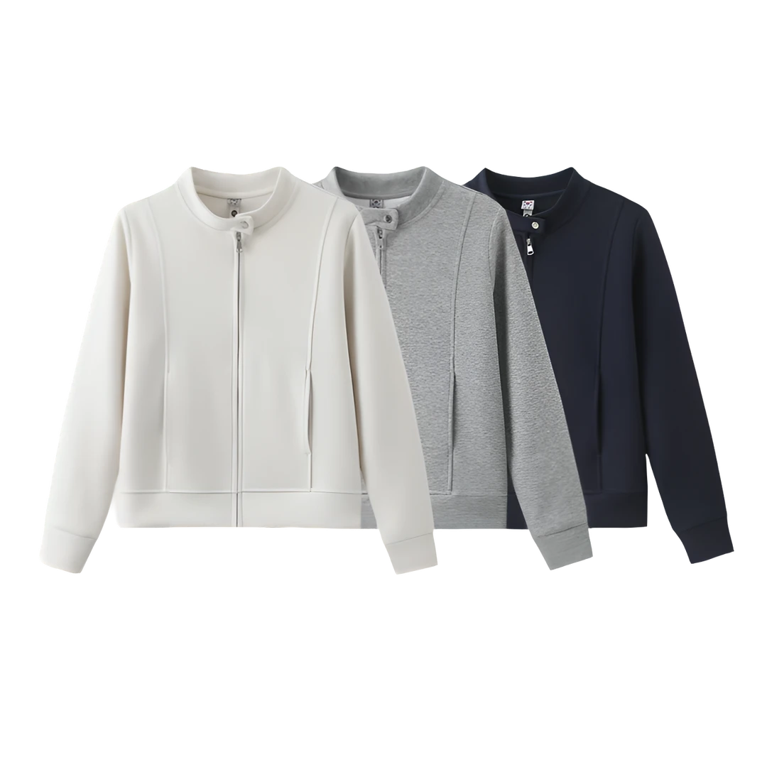 YG2512长袖运动立领女拉链直下摆纯色韩版宽松型短外套上衣