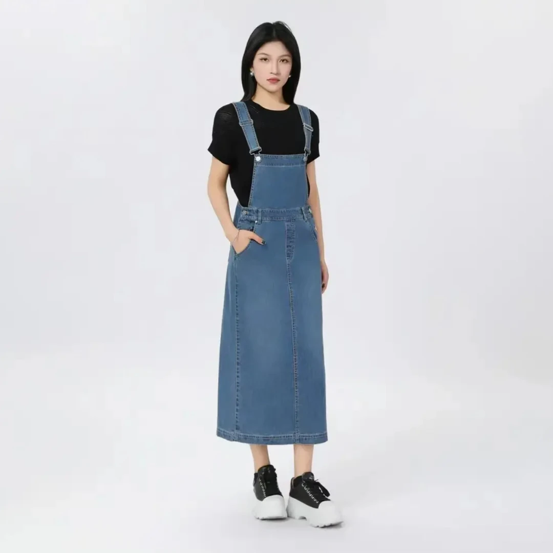 AMASS/阿玛施新款女装简约经典百搭直筒牛仔背带长简约直筒牛仔裙