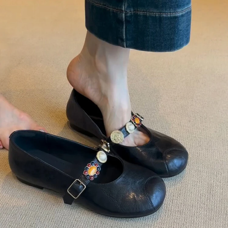 高级感~圆头金属扣一字带玛丽珍鞋女浅口芭蕾鞋复古百搭平底单鞋