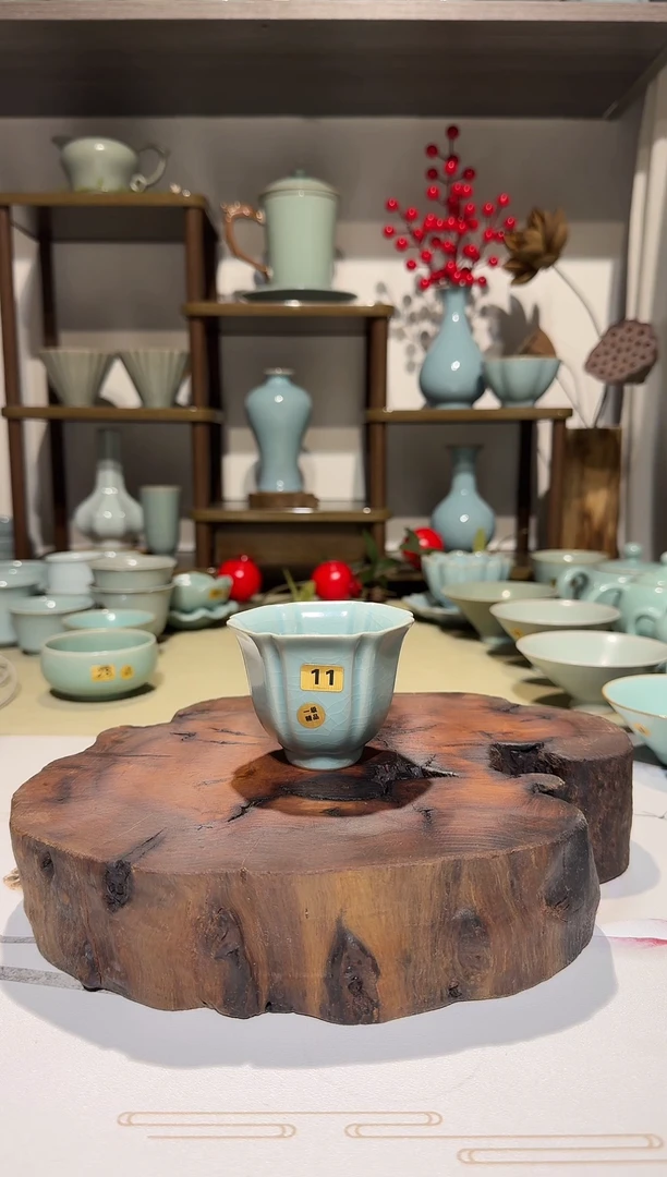 杯子11 六方花口杯蝉翼纹 仿古釉一级精品 主人杯品茗杯*