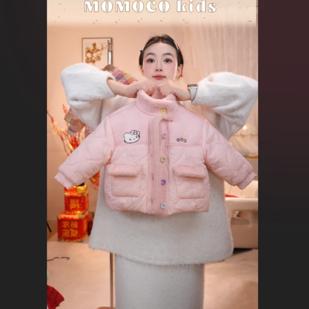 MOMOCO2025冬季女童新款可爱刺绣拼接圆领加厚外套