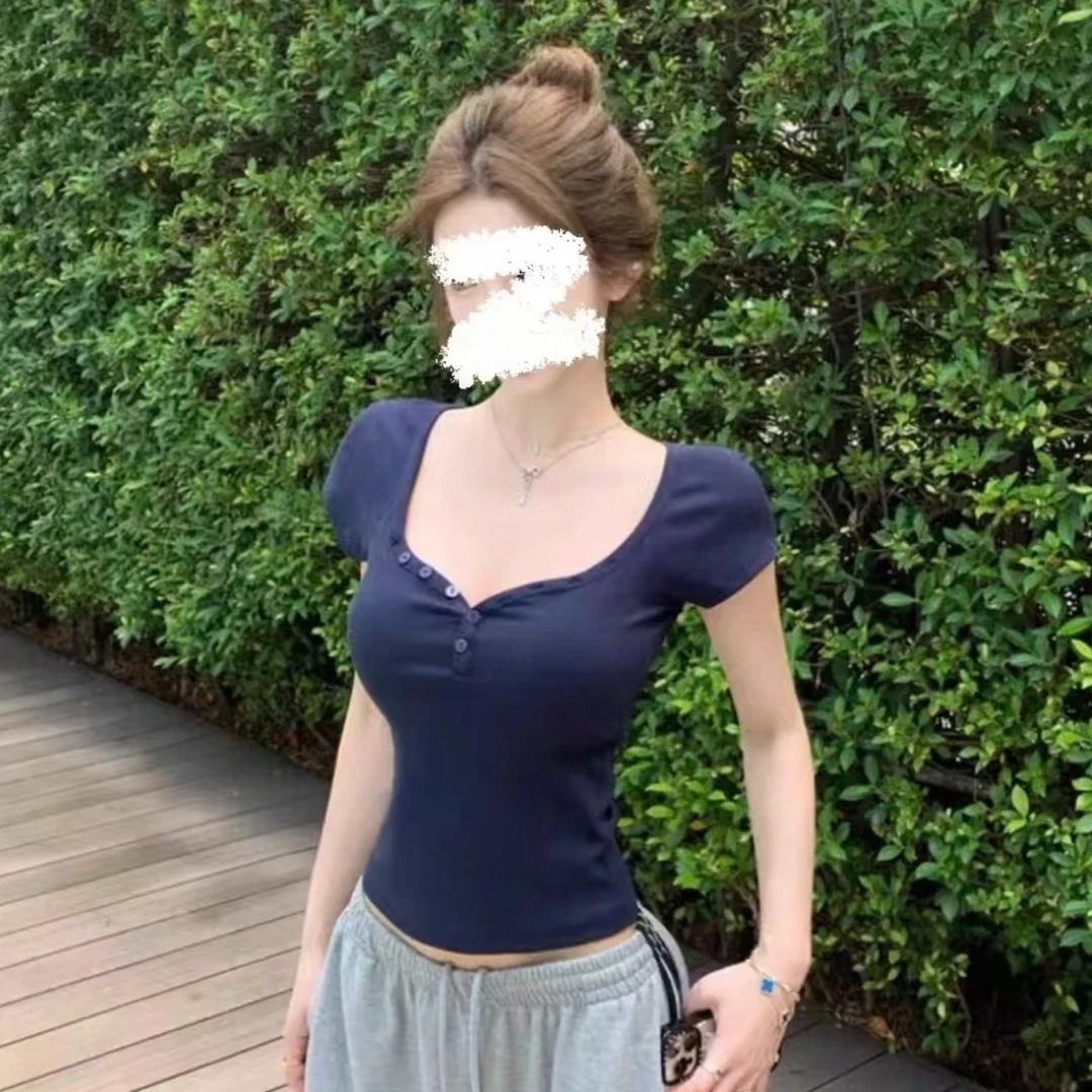 2025春夏季新款百搭桃心领短袖女T恤纯欲V领辣妹修身显瘦时尚上衣