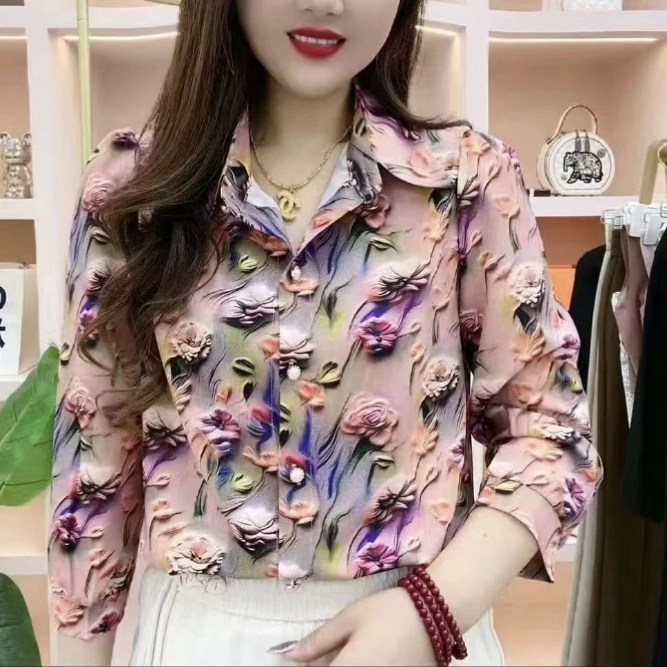 中年妈妈衬衫女夏季印花新款气质七分袖衬衣宽松显瘦时尚洋气小衫