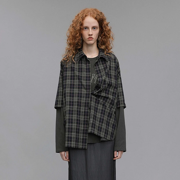 IINCBOUTIQUEVENALABEL新款叠穿宽松拼接假两件格子衬衫女长袖T恤