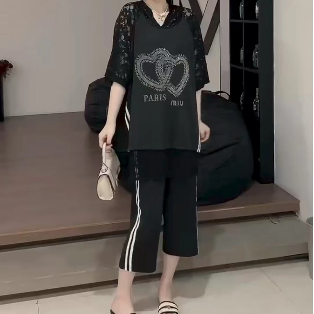 2025新款夏季时尚百搭宽松显瘦蕾丝拼接连帽休闲套装2865