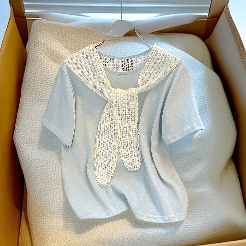韩国chic小清新别致披肩短袖T恤女夏宽松别致甜辣很仙的上衣减龄