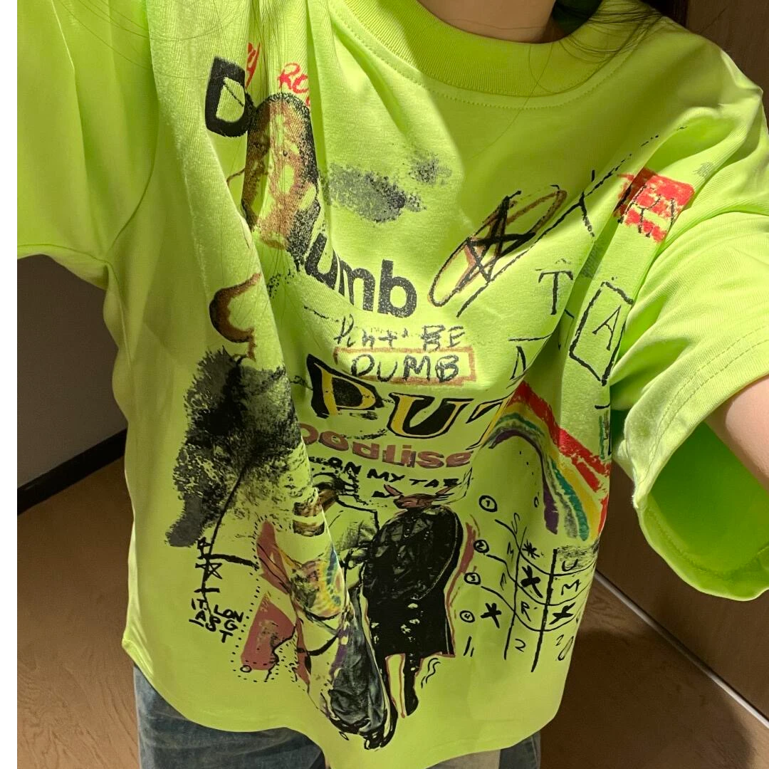 美式重磅朋克宽松短袖t恤男女2025新款潮流百搭小众人物印花体恤