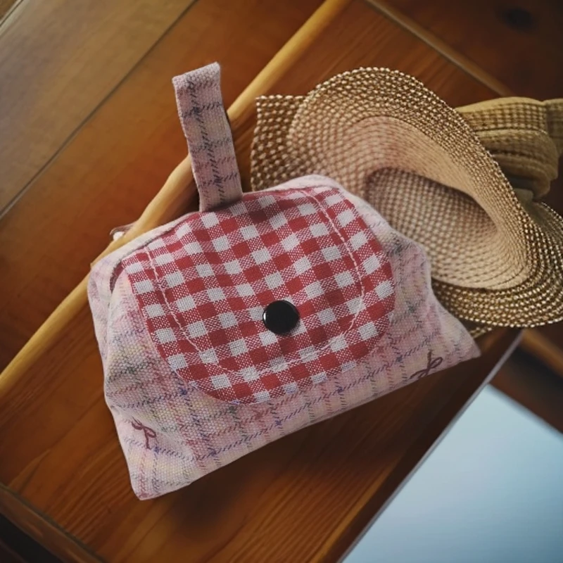 小肚包包便携化妆包复古韩版格纹钥匙包粉色ins极简风小包包格子