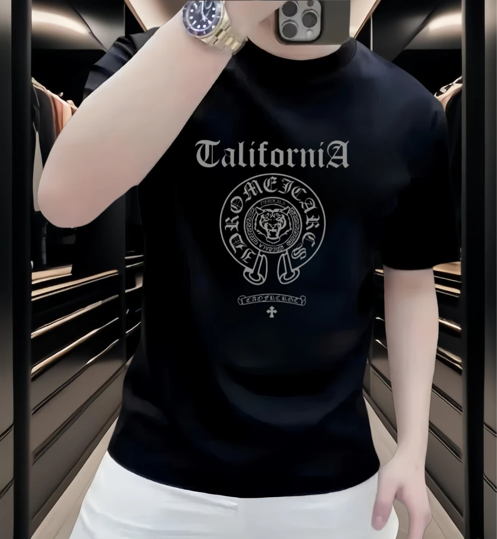 重磅丝光棉新款痞帅时尚潮牌男士百搭高端弹力常规款短袖印花体恤