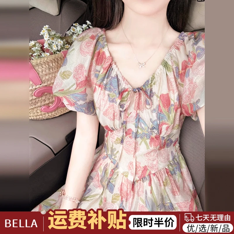 3976茶歇法式初恋碎花连衣裙子夏季新款女装小个子泡泡袖收腰长裙