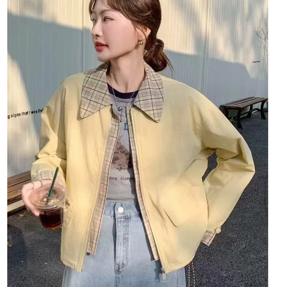 格子拼接短款工装外套女春秋2025新款小个子休闲美式夹克流行